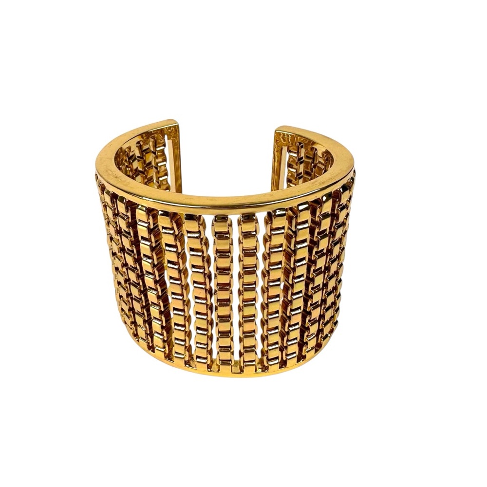 Coach Chunky Box Chain Gold Tone Wide Cuff Bracelet Statement Open Bangle - Picture 7 of 10